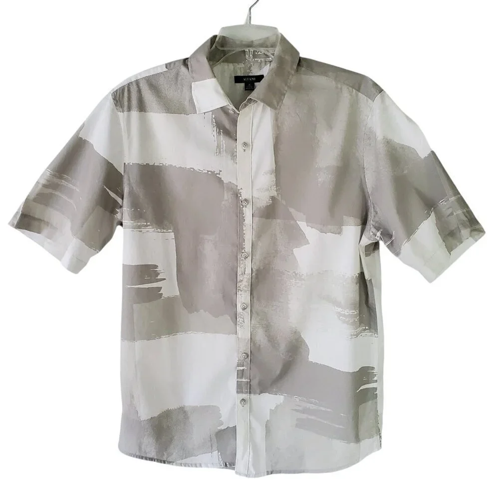 ALFANI All Cotton Painted Blocks Regular-Fit Stretch Printed Button-Down Shirt M - Picture 2 of 13